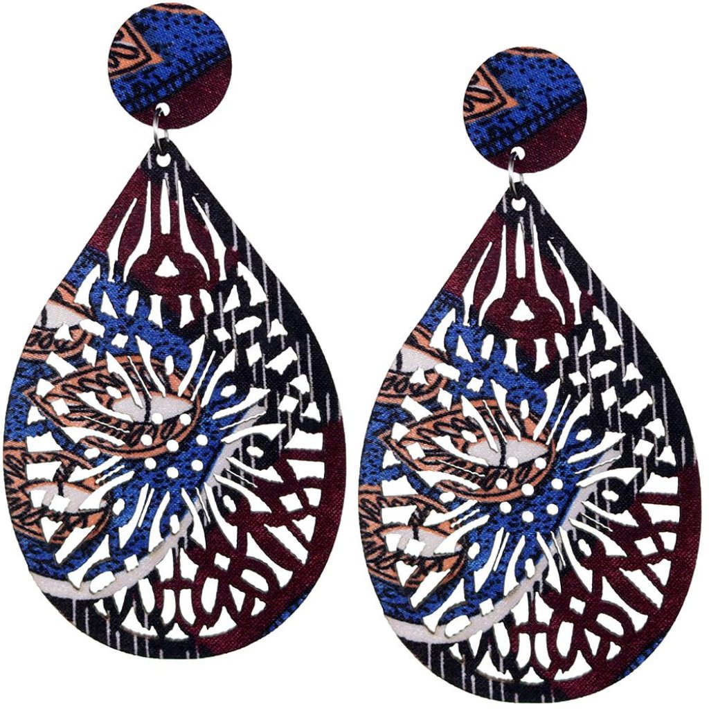 Blue Brown Evil Eye Wooden Earrings